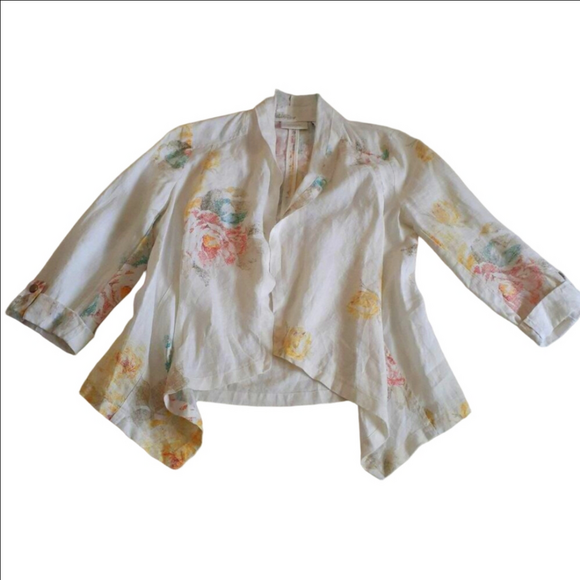 Chico's Women's Size Small (O) White Floral 100% Linen Open Draped Blazer - Picture 4 of 14